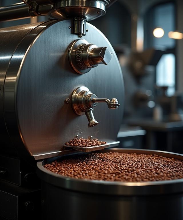 Glistening steel coffee roasting machine in action.