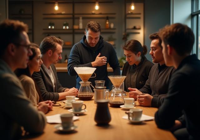 A group of people attentively participating in a coffee brewing class.